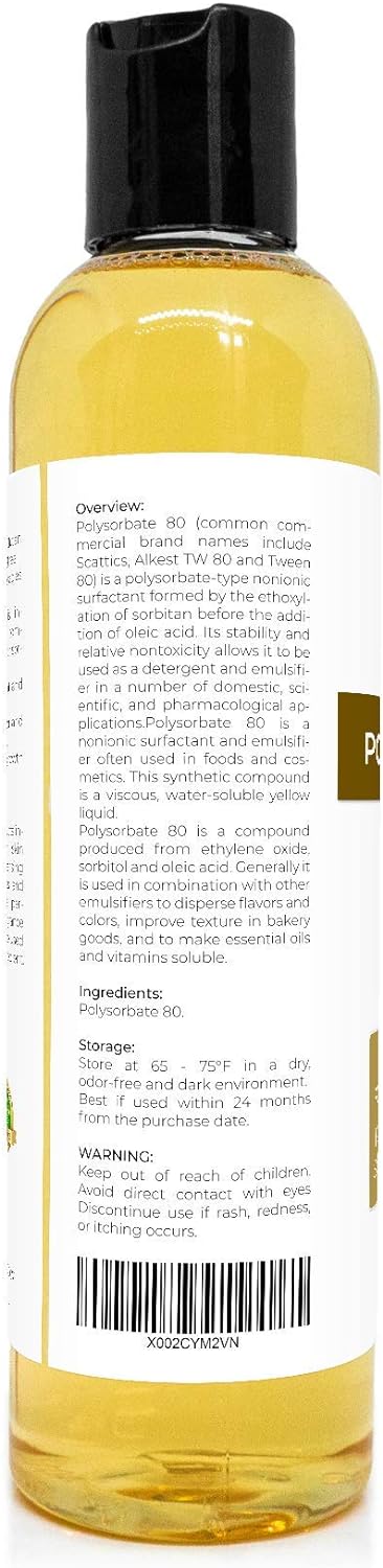Polysorbate 80 by Velona - 8 oz | Solubilizer, Food & Cosmetic Grade | All Natural for Cooking, Skin Care and Bath Bombs, Sprays, Foam Maker | Use Today - Enjoy Results : Health & Household