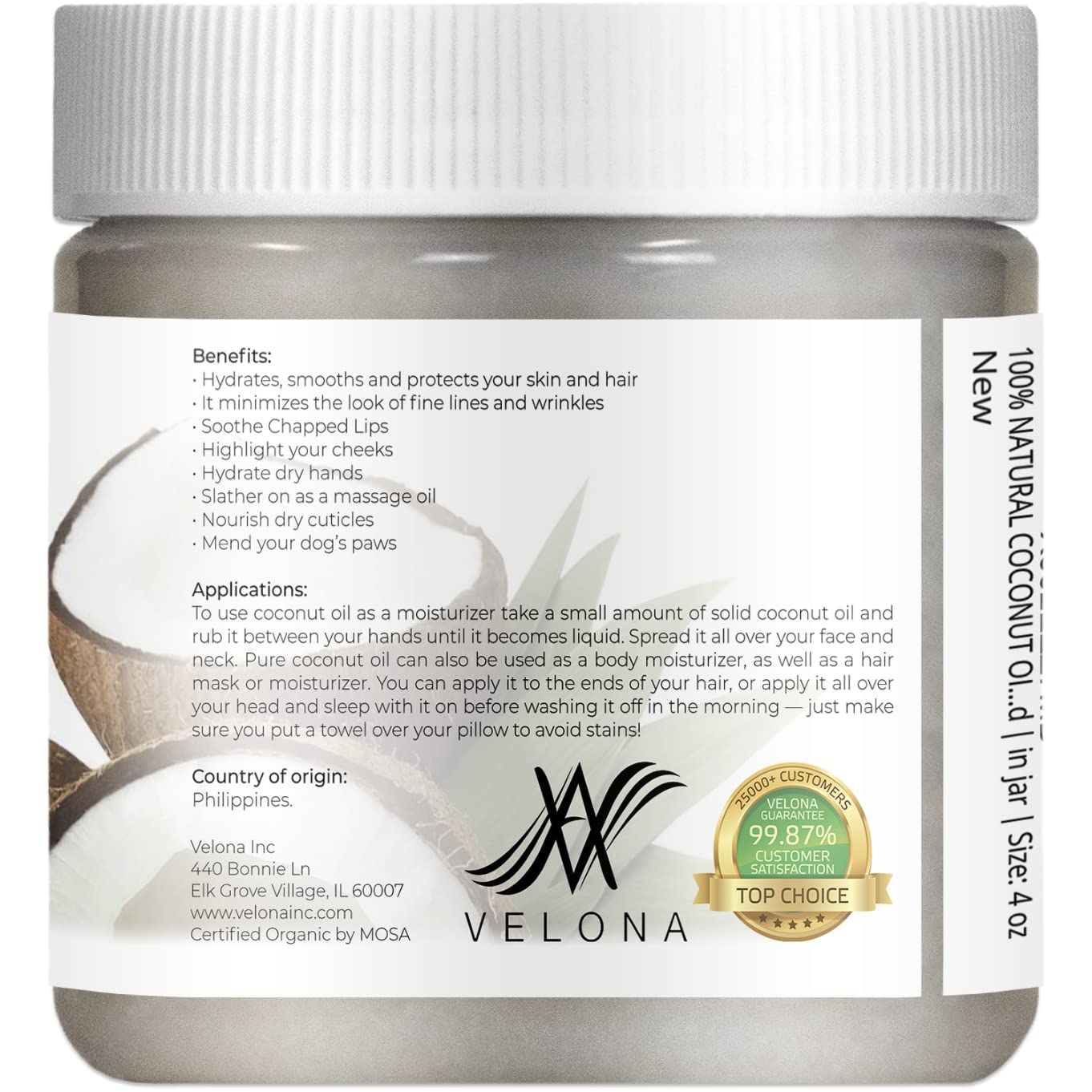 Velona USDA Certified Organic Coconut Oil Extra Virgin - 4 oz | Food and Cosmetic Grade | in jar | Extra Virgin, Cold Pressed : Beauty & Personal Care