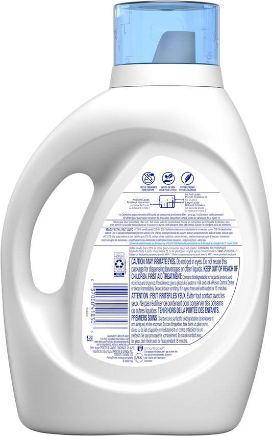 Tide Free & Gentle, Liquid Laundry Detergent Soap, Unscented, Hypoallergenic For Sensitive Skin And Free Of Dyes, He Compatible, 64 Loads, 84 Fl Oz