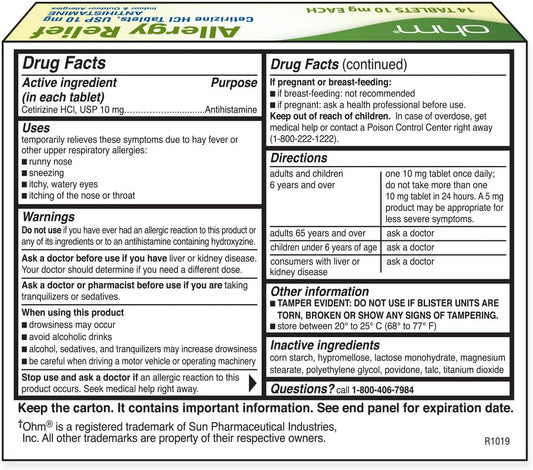 Ohm 24-Hour Allergy Medicine (14-Count) Antihistamine For Pollen, Hay Fever, Dry, Itchy Eyes, Allergies | Cetirizine Hcl 10Mg Tablets : Health & Household