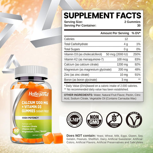 Calcium 1200 Mg With Vitamin D3 Gummies, Calcium Citrate Chewables With Magnesium Zinc Vitamin K2 Boron, Bone Health, Sugar Free, 60 Count