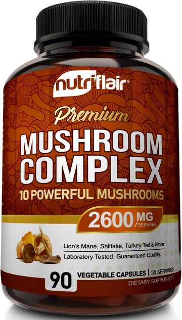 Nutriflair Mushroom Supplement 2600Mg, 90 Capsules - 10 Mushrooms Blend - Reishi, Lions Mane, Cordyceps, Chaga, Turkey Tail, Maitake, Shiitake, Oyster Nootropic Complex - Brain, Energy, Focus Pills