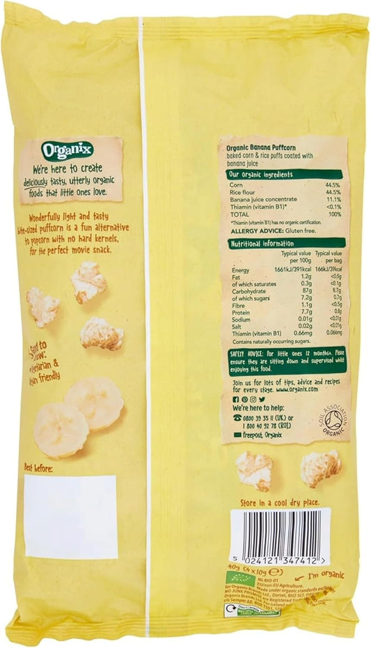 Organix Banana Puffcorn Organic Finger Food Toddler Snack 12+ Months Multipack, 4 X 10 G Bags Per Pack (3 Packs Total)