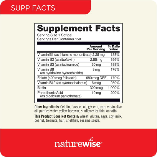 Naturewise Vitamin B Complex For Women And Men - With Folic Acid Biotin B1 B2 B3 B6 B12 - Support Cellular Energy & Mental Clarity - Gluten Free, Non-Gmo, Dairy Free