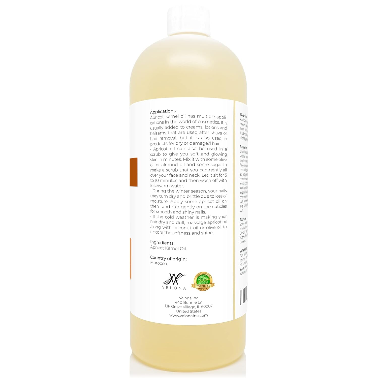 velona Apricot Kernel Oil 32 oz | 100% Pure and Natural Carrier Oil | Refined, Expeller Pressed | Hair, Body and Skin Care | Use Today - Enjoy Results : Beauty & Personal Care