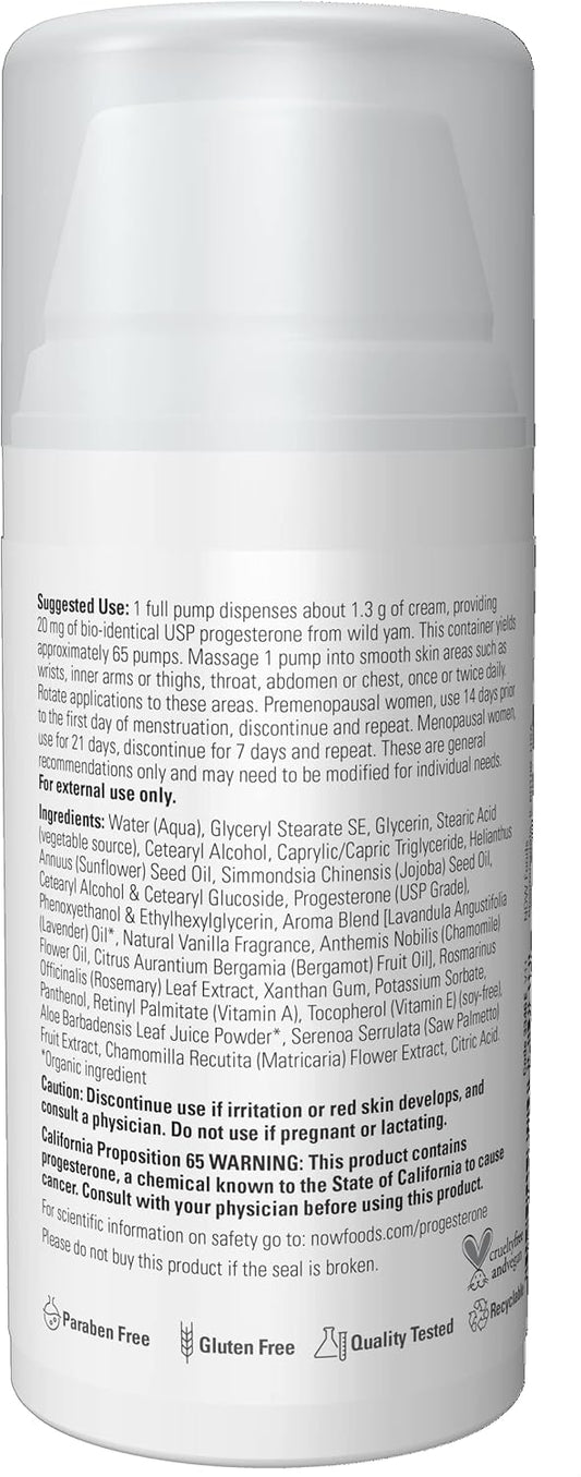 Now Solutions, Natural Progesterone, Balancing Skin Cream With Lavender, 20 Mg Of Natural Progesterone Per Pump, 3-Ounce