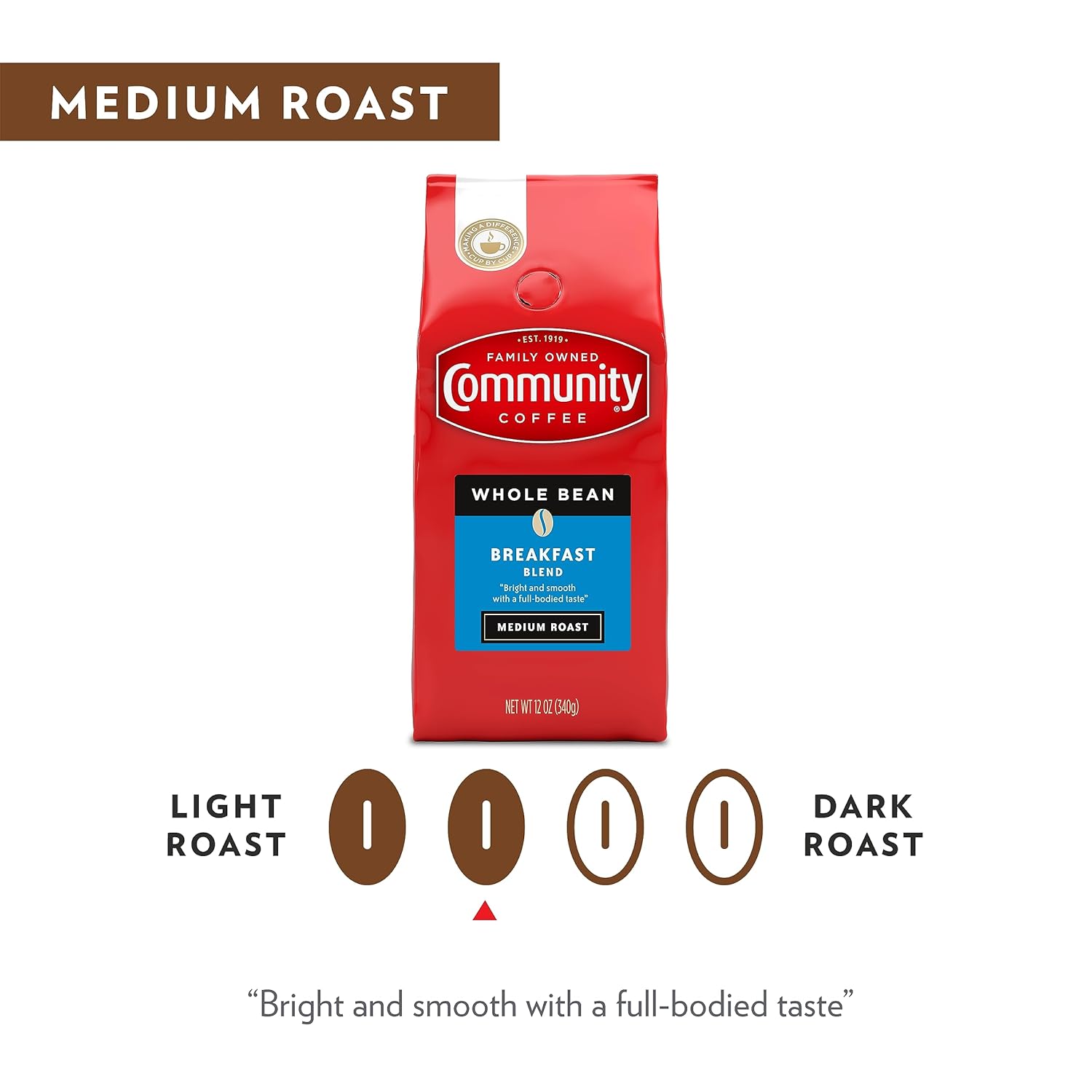 Community Coffee Breakfast Blend Whole Bean Coffee, Medium Roast, 12 Oz Bag