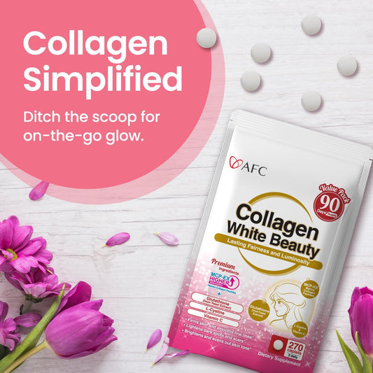 Afc Japan Collagen White Beauty With Marine Collagen Peptide, Glutathione, L-Cystine - 1.5X Better Absorption Than Other Collagen – Supports Skin Firmness & Radiance– 90 Days Supply