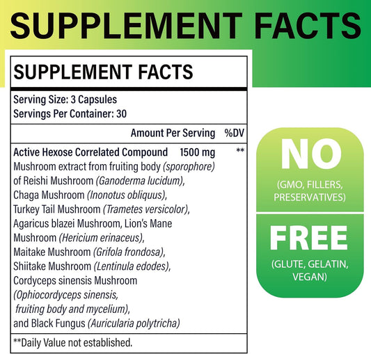 Active Hexose Correlated Compound 1500 Mg Supplement, Natural 8 Mushroom Extract Supplement, Immune System, Liver Function, Natural Killer And T Cells Activity, 90 Veggie Capsules