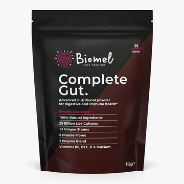 Biomel Complete Gut - Belgian Chocolate - Advanced Gut Health - 450G/30 Servings - Vegan Friendly - Gluten Free - Delicious & Effective