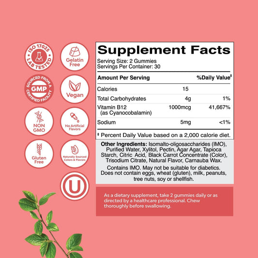 Sugar Free Vitamin B12 1000 Mcg Gummies - Vegan B12 Gummies For Adults Energy Focus Immunity And Nerve Support - Vitamin B12 Gummies For Adults - Kosher Non Gmo Gluten Free & Vegan (30 Servings)