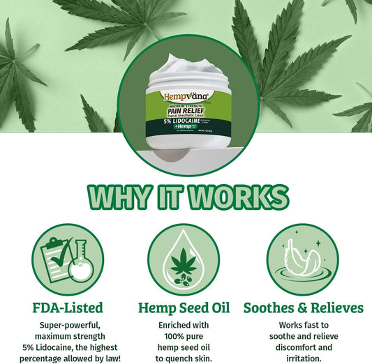 Hempvana Lidocaine 5% Relief Cream, As-Seen-On-Tv, Strongest Cream, Numbs Irritated Nerves For Fast Anorectal Relief, Enriched With Hemp Seed Oil, Non-Greasy & Odor-Free, 3-Oz Jar