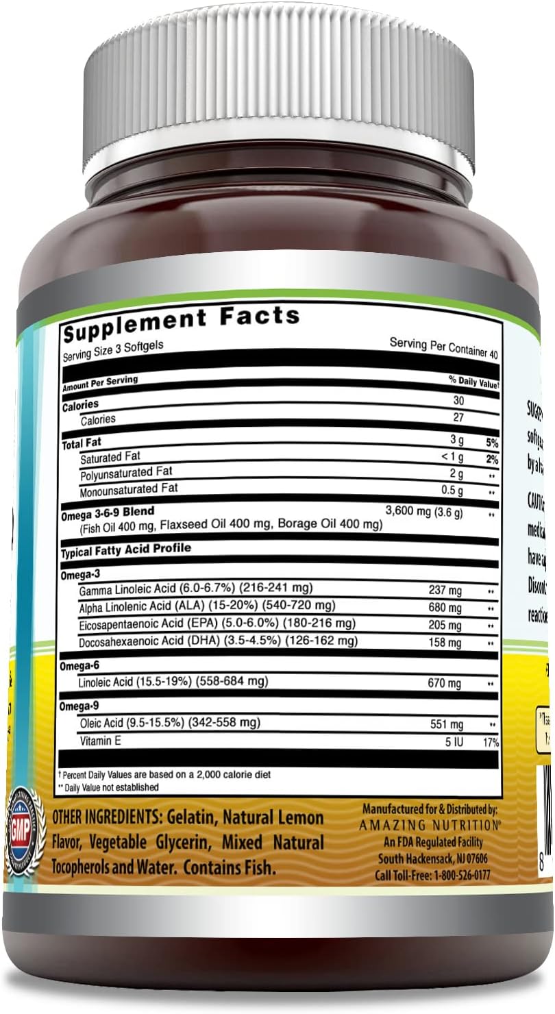 Amazing Omega 3.6.9 1200 mg Softgels Supplement | Unique Formula of axseed Oil 400 mg, Fish Oil 400 mg and Borage Oil 400 mg | Rich in Omega 3,6,9 Fatty Acids (Lemon, 120 Count)
