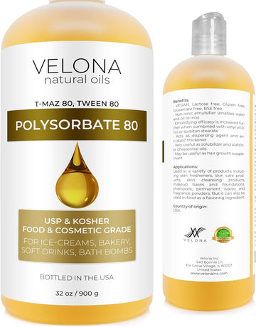 Polysorbate 80 by Velona - 32 oz | Solubilizer, Food & Cosmetic Grade | All Natural for Cooking, Skin Care and Bath Bombs, Sprays, Foam Maker | Use Today - Enjoy Results
