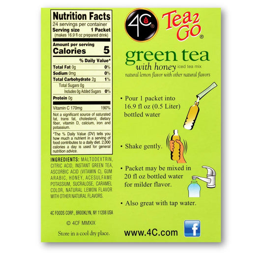 4C Powder Drink Mix Packets, Green Tea 1 Pack, 24 Count, Singles Stix On The Go, Refreshing Sugar Free Water Flavorings