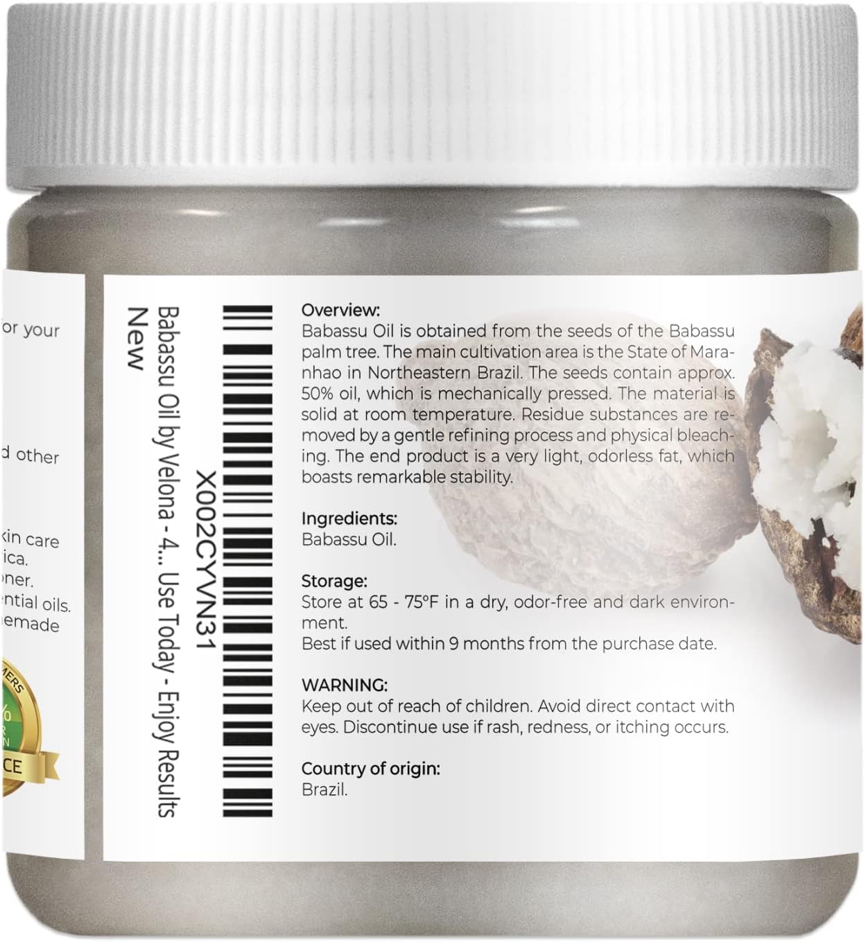 velona Babassu Oil USDA Certified Organic - 4 oz | 100% Pure and Natural Carrier Oil | Refined, Cold Pressed | Face, Hair, Body & Skin Care and Cooking | Use Today - Enjoy Results : Beauty & Personal Care