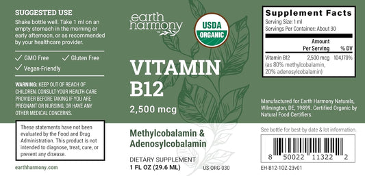 Organic Vegan Vitamin B12 Sublingual Liquid Supplement - 2000Mcg Methylcobalamin Drops For Natural Energy, Metabolism Health And Immune System Support - 1 Fl Oz