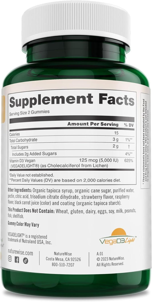 Naturewise Vegan Vitamin D3 5,000 Iu Gummies - No Artificial Flavors Or Colors, Supports Immune System & Strong Bones - Gluten Free - Delicious Mixed Berry Flavored - 60 Gummies (30-Day Supply)