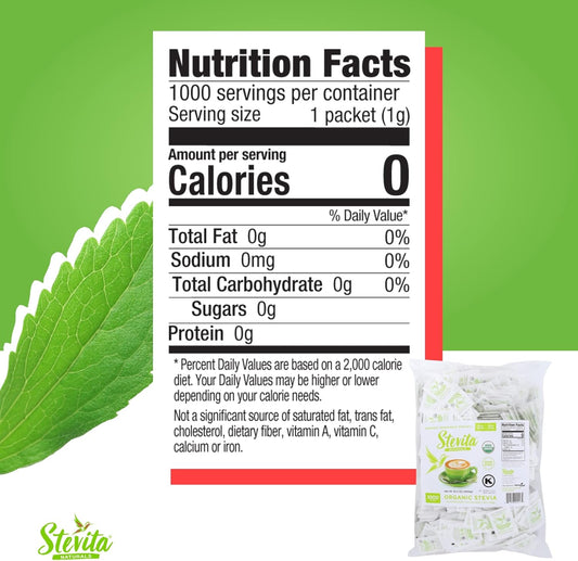 Stevita Organic Stevia - 1000 Packets - Stevia & Erythritol All-Natural Sweetener, No Calories - Usda Organic, Non-Gmo, Vegan, Keto, Paleo, Gluten Free - 1000 Servings