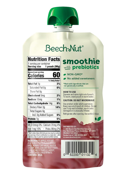 Beech-Nut Toddler Smoothies With Prebiotics, Apple Cherry Kiwi Purple Carrot & Yogurt Baby & Toddler Food Pouches, 3.5 Oz (12 Pack)
