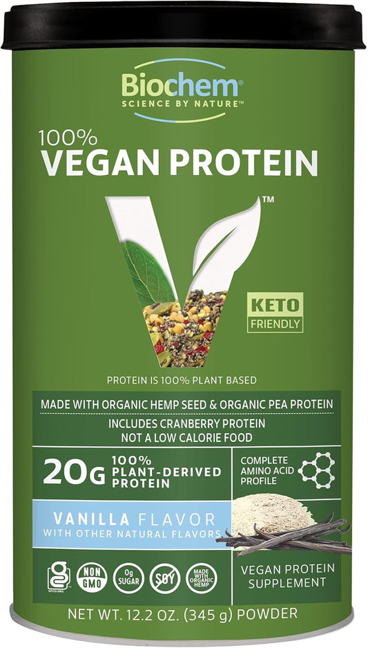 Biochem Vegan Protein Powder – 20G Plant-Based Protein With Pea, Hemp & Cranberry – Chocolate Flavor – Keto Friendly, Certified Vegan, Gluten Free, Kosher – 13.6 Oz