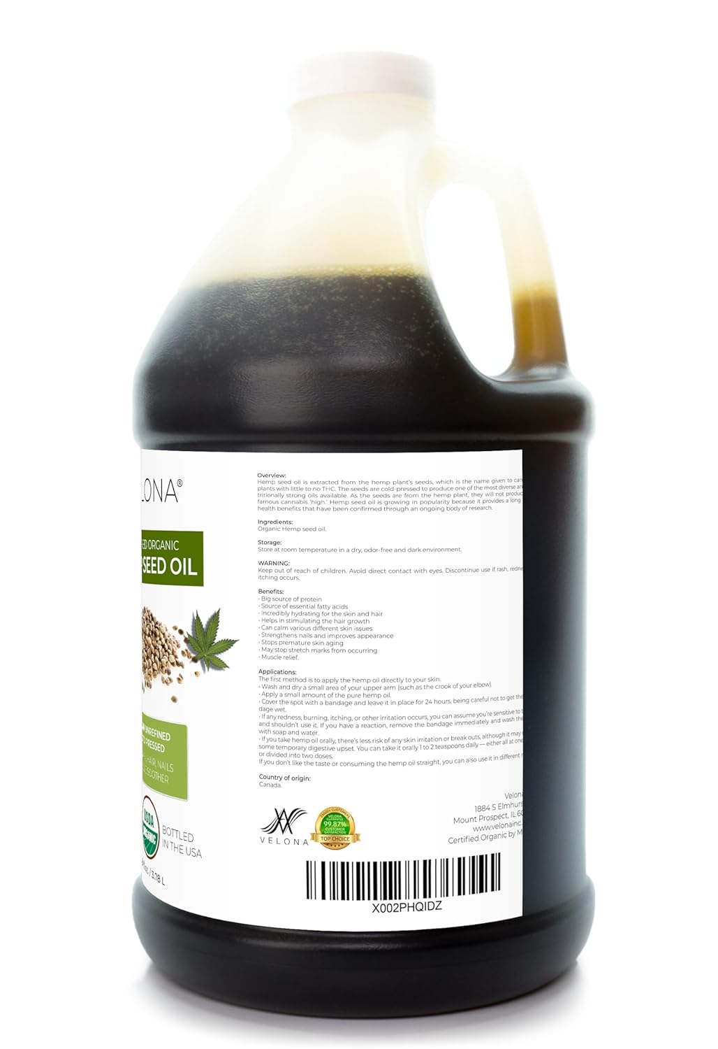 velona Hemp Seed Oil USDA Certified Organic - 1 Gallon / 128 Fl Oz | 100% Pure and Natural Carrier Oil | Unrefined, Cold Pressed | Hair, Body, Face & Skin Care | Use Today - Enjoy Results