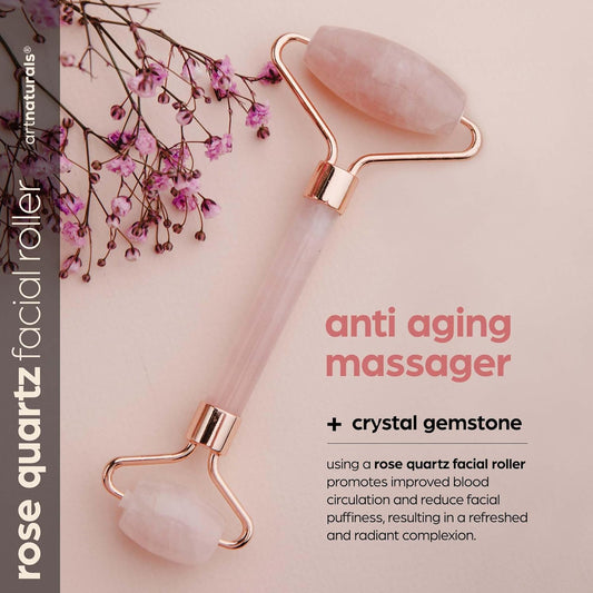 Artnaturals Rose Quartz Facial Roller - Pink Face Jade For Natural Anti Aging Ice Massager - Real Authentic Crysal Gemstone For Wrinkles And Puffiness Relief - Cold Stone Massage