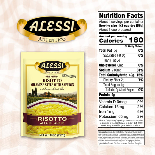 Alessi Autentico, Premium Seasoned Risotto, Italian Arborio Rice, Easy To Prepare, 8Oz (Milanese, Pack Of 6)