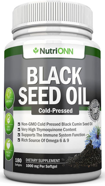 Black Seed Oil - 1000 Mg - 180 Softgels - Cold-Pressed Non-Gmo Black Cumin Seed Capsules - Super High Thymoquinone Content - Nigella Sativa - Rich In Omega 6 & 9 Fatty Acids - Immune Health Support