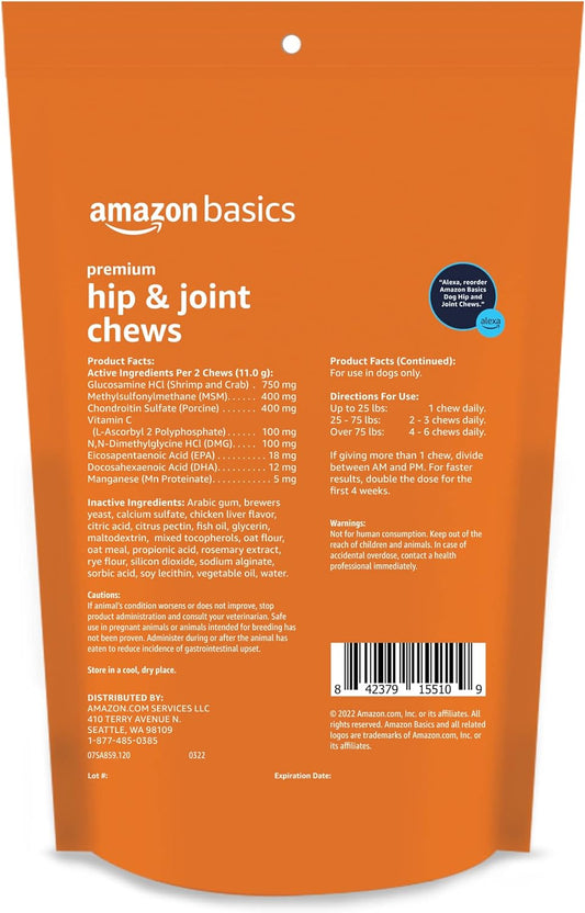 Amazon Basics Premium Dog Hip & Joint Supplement Chews With Epa And Dha, Chicken Liver Flavor, 60 Count (Previously Solimo)