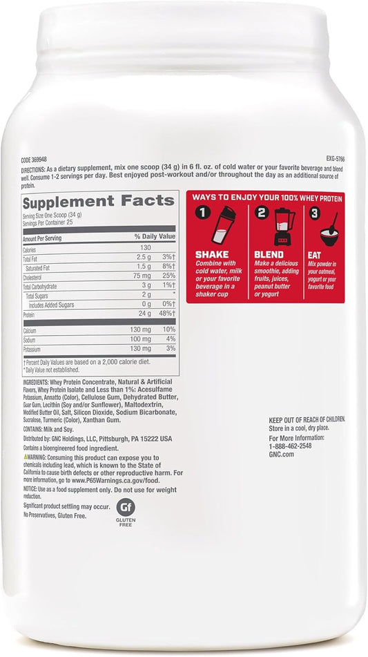 Gnc Pro Performance 100% Whey Protein Supplement, 25G Protein, Supports Muscle Strength And Recovery, Unflavored, 12 Servings
