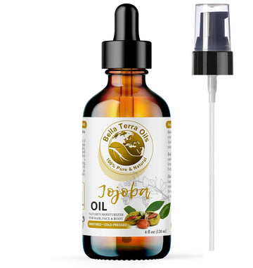Bella Terra Oils - Organic Jojoba Oil 4oz - Cold-Pressed Excellence, Non-Comedogenic, Bathed in Vitamin C & E, For Those Seeking the Best Oils for Skin