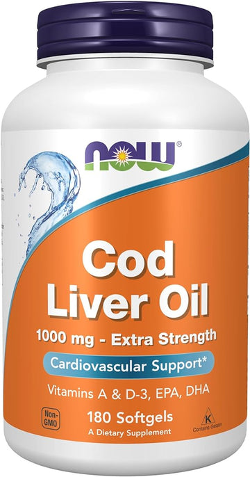 NOW Supplements, Cod Liver Oil, Extra Strength 1,000 mg with Vitamins A & D-3, EPA, DHA, 180 Softgels