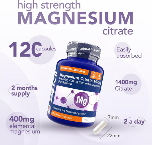 Zipvit Magnesium Citrate 1400Mg, Provides 400Mg Elemental Magnesium, Highly Absorbable For Bone, Muscle & Energy Support. 120 Vegan Capsules, 2 A Day, 2 Months Supply
