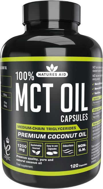 Natures Aid Mct Oil Capsules 1200Mg 120 Capsules - Premium 100% Coconut Oil - Supports Energy Boost Metabolism Keto Weight Management - Vegan, Gluten-Free Essential Fatty Acids
