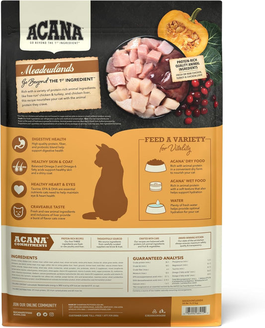 Acana Highest Protein Meadowlands Grain-Free Dry Cat Food, Free-Run Chicken And Turkey And Chicken Liver Cat Food Recipe, 10Lb