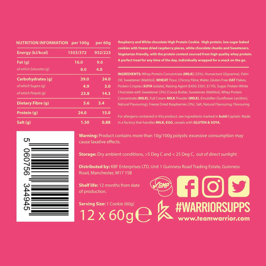 Warrior Protein Cookies – 15G Of Protein – Low Sugar – Baked Cookie Snack – 12 X 60G – Individually Wrapped – Vegetarian Friendly, Raspberry & White Chocolate