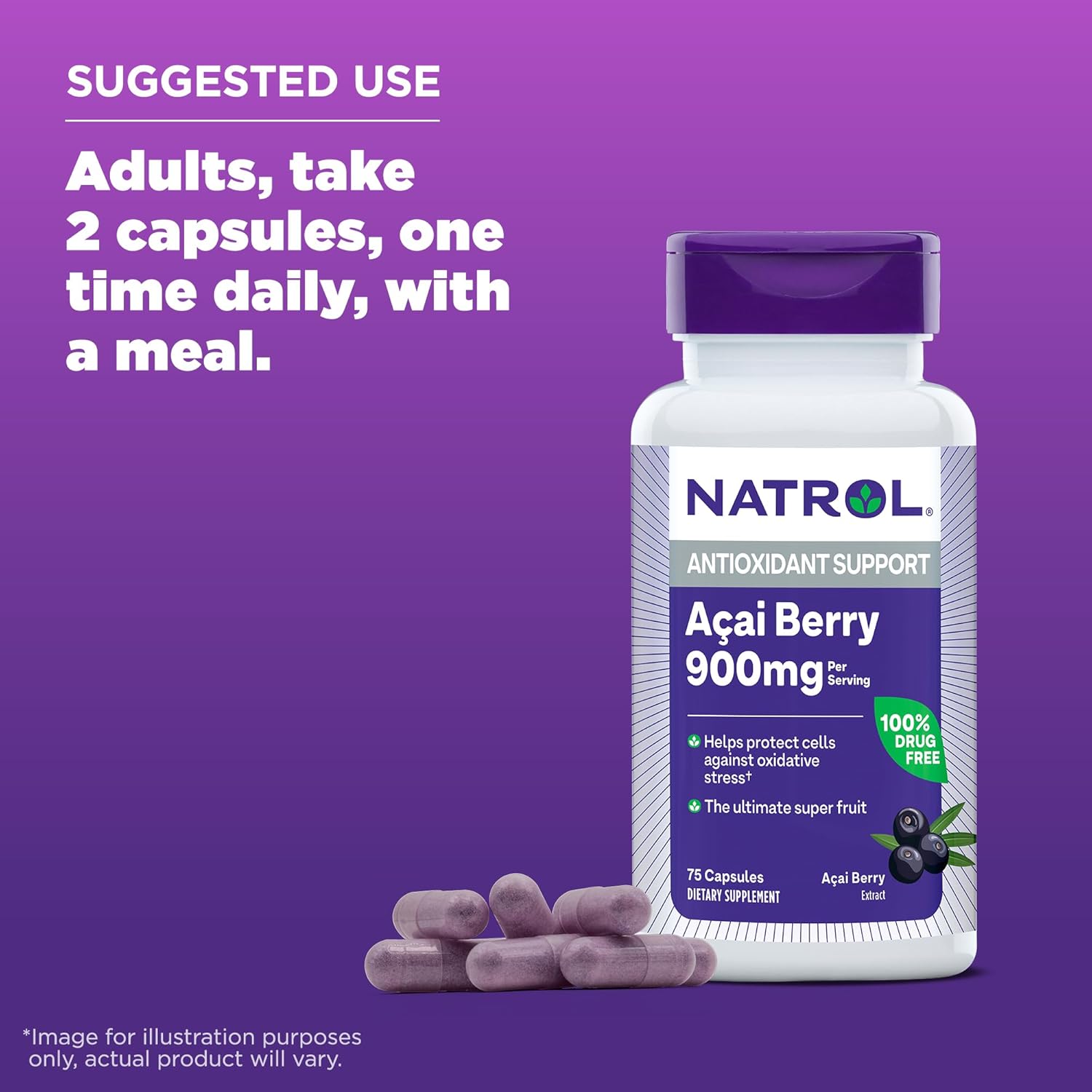 Natrol Acai Berry 1,000mg, Antioxidant Protection, Capsules, 75ct : Health & Household