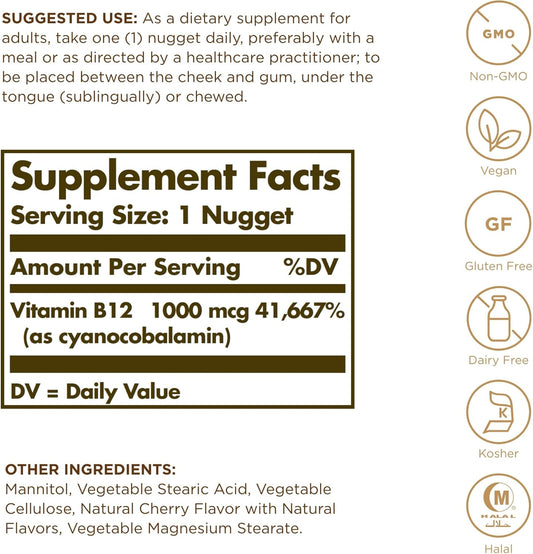 Solgar Sublingual Vitamin B12 1000 Mcg - 250 Nuggets, Pack Of 2 - Non-Gmo, Vegan, Gluten Free, Dairy Free, Kosher, Halal - 500 Total Servings