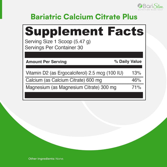 Bariatric Calcium Citrate Plus Powder - Formulated For Patients After Weight Loss Surgery - Maximum Support For Bone Function And Health - Easy Digestion And Absorption | 600 Mg (30 Servings)