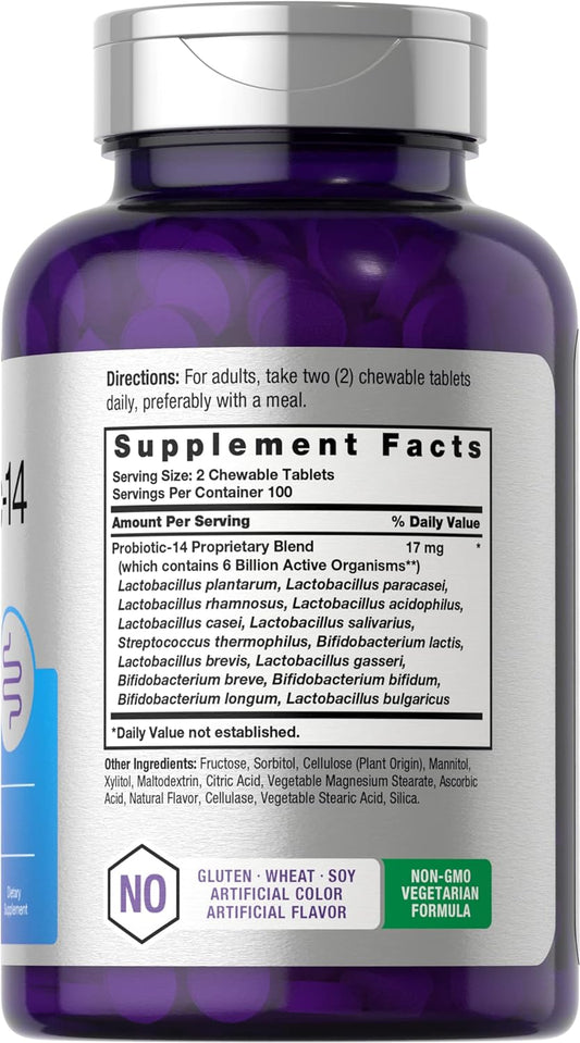 Horbäach Chewable Probiotics 6 Billion Cfus | 200 Tablets | 14 Probiotic Strains | Vegetarian, Non-Gmo & Gluten Free Supplement