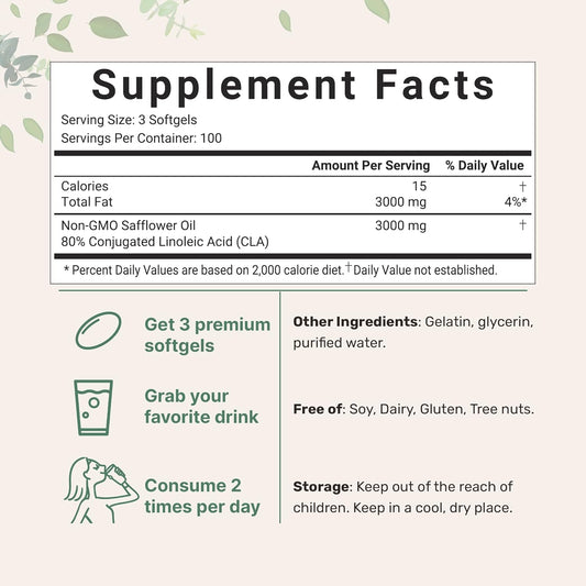 Micro Ingredients Cla Supplements 3000Mg Per Serving | 300 Softgels, Made With 80% Cla From Non-Gmo Safflower Oil, Active Conjugated Linoleic Acid