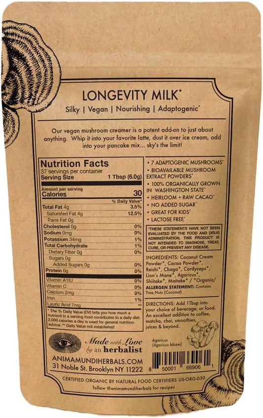 Anima Mundi Apothecary Mushroom Mocha Milk - Organic Dairy-Free Creamer With Coconut, 7 Mushrooms & Cacao - Vegan Powder For Coffee, Tea & More (8Oz / 227G)