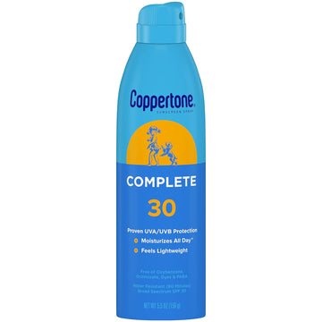 Coppertone COMPLETE SPF 30 Sunscreen Spray, Lightweight, Moisturizing Sunscreen, Water Resistant Spray Sunscreen SPF 30, 5.5 Oz Spray