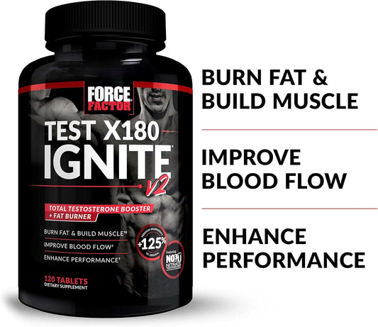 Force Factor Test X180 Ignite V2 Testosterone Booster & Supplement With Nitrates To Burn Fat, Build Muscle, Boost Energy And Enhance Vitality, Black, 120 Count