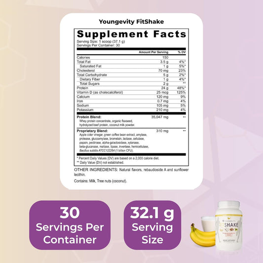Youngevity Fitshake™ Banana Cream | 20G Gut-Friendly Protein | Electrolytes, Minerals, Collagen, Gelatin, Vitamin D, Probiotics, And More | 30 Servings - 2.4 Lbs