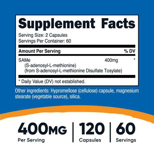 Nutricost Sam-E (S-Adenosyl-L-Methionine) 400Mg Per Serving, 60 Servings, 200Mg Per Capsule, 120 Capsules - Non-Gmo, Gluten Free Same, Vegetarian