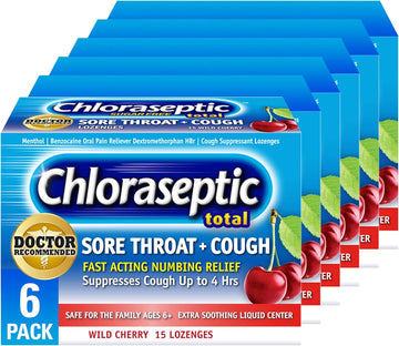 Chloraseptic Total Sore Throat + Cough Lozenges, Sugar-Free Wild Cherry Flavor, 15 Ct, 6 Pack