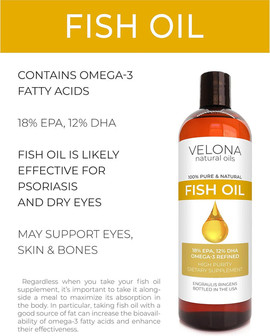 velona Fish Omega-3 Oil 32 oz | 100% Pure and Natural Carrier Oil | Refined, Cold pressed | Vitamin E, D, Omega-3 | Cooking, Skin, Face, Body, Hair Care | Use Today - Enjoy Results