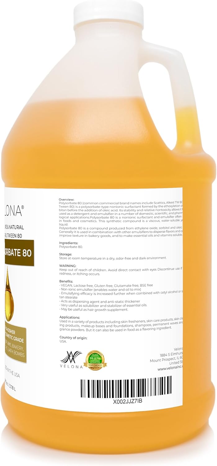 Polysorbate 80 by Velona - 1 Gallon / 128 Fl Oz | Solubilizer, Food & Cosmetic Grade | All Natural for Cooking, Skin Care and Bath Bombs, Sprays, Foam Maker | Use Today - Enjoy Results : Beauty & Personal Care